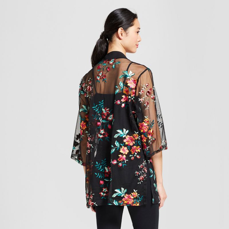 Women's Floral Print Embroidered Mesh Kimono - Notations Black/Pink M, 2 of 3