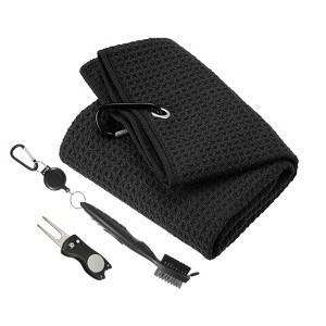 Unique Bargains Waffle Tri-fold Golf Towel with Club Groove Cleaning Brush and Foldable Divot - 1 of 4