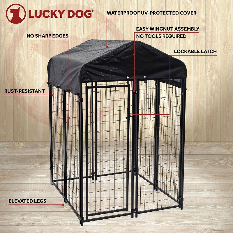 Lucky Dog Uptown Large Covered Outdoor Dog Kennel Playpen with Heavy Duty Welded Wire Frame and Waterproof Canopy Cover, Black, 3 of 7