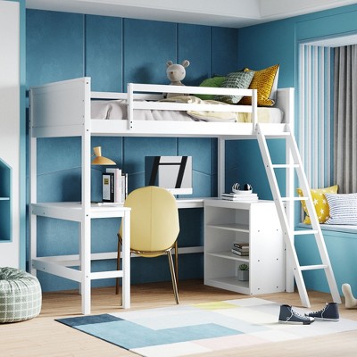 Twin Size Wooden Loft Bed With Shelves and Desk - ModernLuxe
