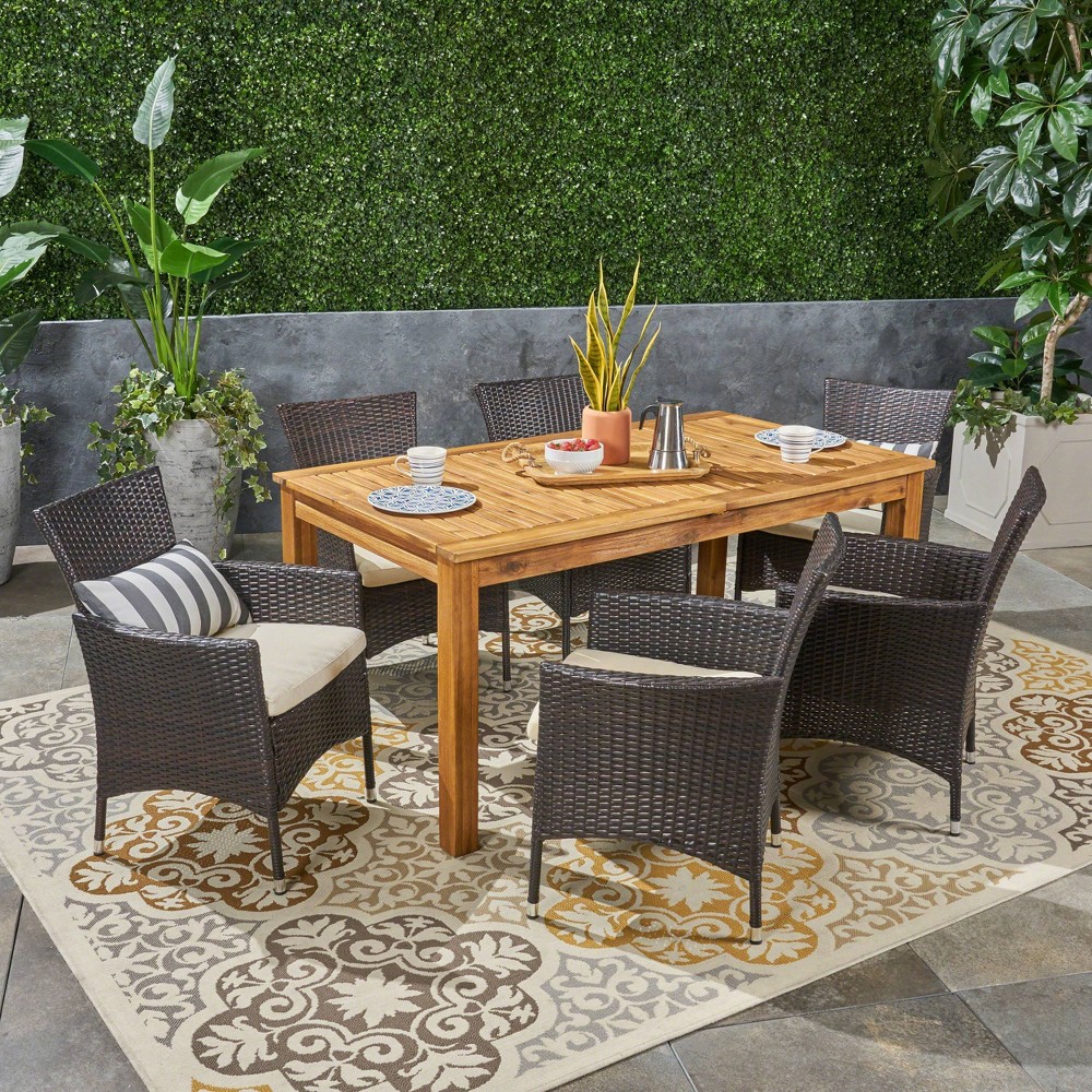 Photos - Garden Furniture Nadia 7pc Wood & Wicker Expandable Patio Dining Set - Natural/Brown/Beige