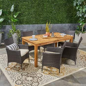 Nadia 7pc Wood & Wicker Expandable Patio Dining Set - Natural/Brown/Beige - Christopher Knight Home
