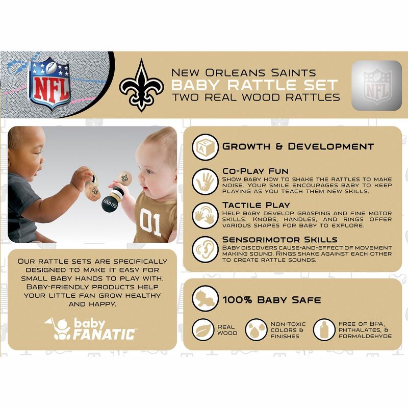 Baby Fanatic Wood Rattle 2 Pack - NFL New Orleans Saints Baby Toy Set, 3 of 5