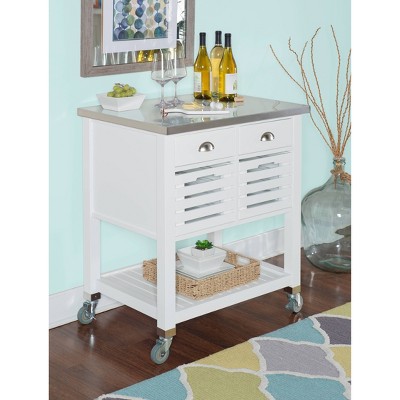 Farmhouse Charm White Stainless Steel Kitchen Cart with Butcher Block