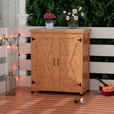 Coolbibila Potting Bench with Storage Cabinet and Metal Table Top, Storage Sheds with all Weather-resistant, storage sheds outdoor Brown