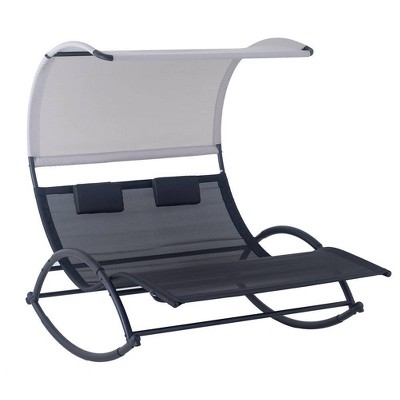 Outdoor Double Chaise Lounge Chair Rocking Bed with Sun Shade & Wheels - Black - Crestlive Products