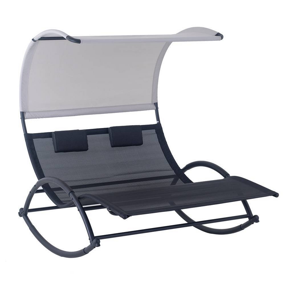 Outdoor Double Chaise Lounge Chair Rocking Bed with Sun Shade & Wheels Black Crestlive Products