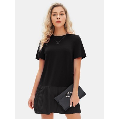 EXLURA Womens Summer Casual Short Sleeve Dress Crewneck Tshirt Dresses Pleated Aline Mini Dress 2025 Vacation Beach Sundress