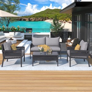 ACEPANO 4-Pieces Outdoor Patio Accent Table Set Furniture with Tempered Glass Table, Thick Cushion-Grey - 1 of 4