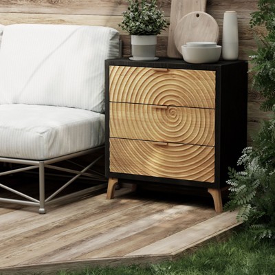 JIONJOY 3-Drawer Farmhouse Nightstand - Fully Assembled Black Dresser with Wood Ring Motif, Solid Wood & MDF
