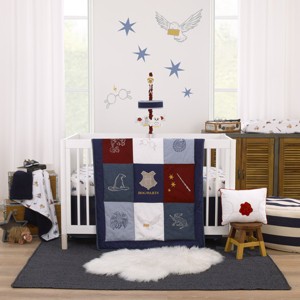 Warner Brothers Harry Potter Welcome Little Wizard Navy, Burgundy, Denim Blue and White, Appliqued 3 Piece Crib Bedding Set - 1 of 4