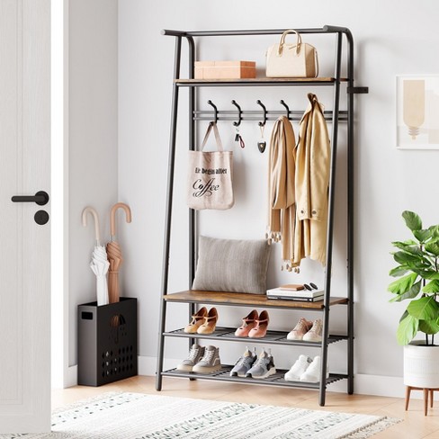 2 in 1 Coat Rack with Shoe Storage, Bench Hallway Coat Stand Freestanding  Hanger with Shoe Rack Bench, 11 Hooks, Anti-tip Kits Rust-Proof Metal  Frame