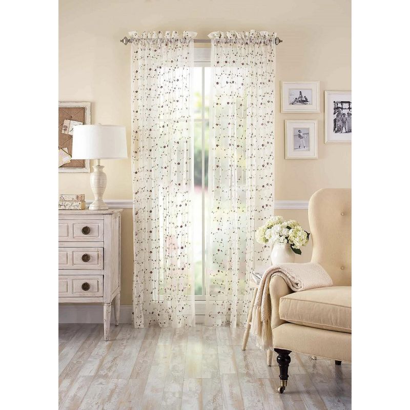 Kate Aurora 1 Piece Shabby Chic Styled Elegant Vintage Rose Embroidered Floral Rod Pocket Sheer Curtain Panel - 84 in. Long, 3 of 6