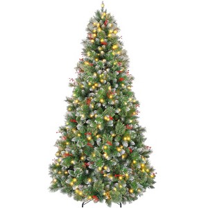 Vivatrees 7.5 Ft Prelit Artificial Christmas Tree, with Warm White Lights, Metal Stand, Hinged Branches, Partially Flocked, Xmas Tree for Decor, Green - 1 of 4