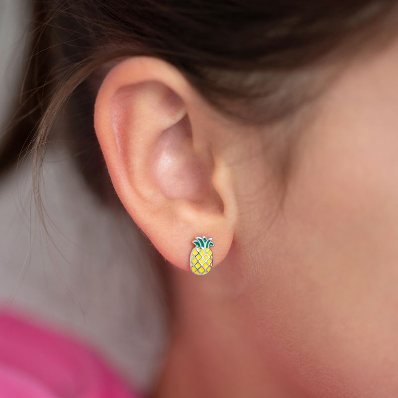 Girls' Lucky Pineapple Push Back Sterling Silver Earrings - In Season Jewelry, 3 of 5