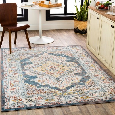 Ankara Rectangular Blue and Beige Synthetic Stain-resistant Area Rug