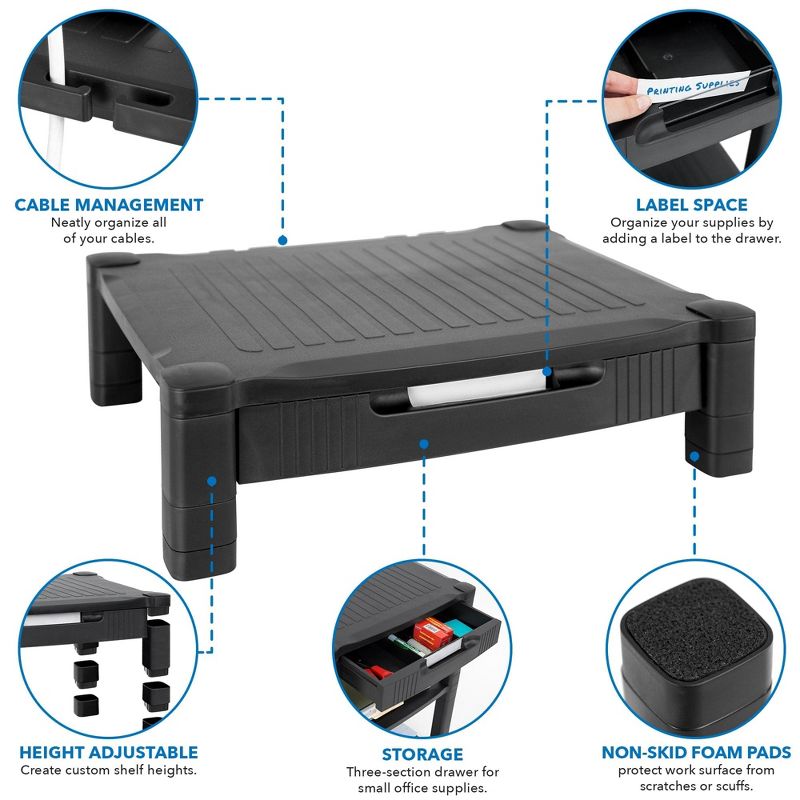 Mount-It! Monitor Riser with Drawer | Height Adjustable Monitor Stand with Sliding Three-Row Storage | Riser for Computer Screen, Printer, or Laptop, 4 of 9