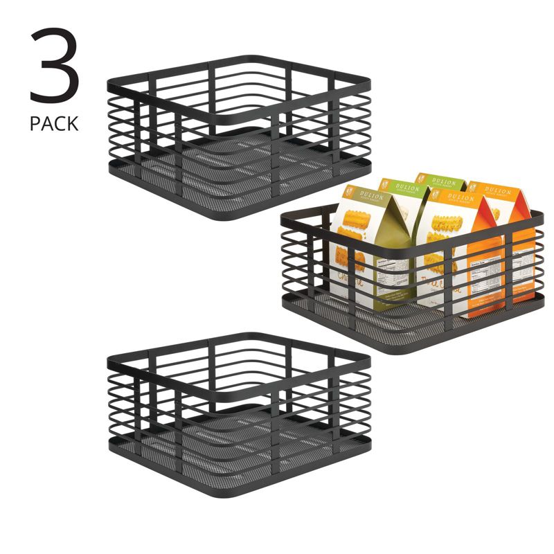 mDesign Steel Metal Wire Kitchen Organizer Basket, Handles, 3 Pack, Matte Black, 2 of 9