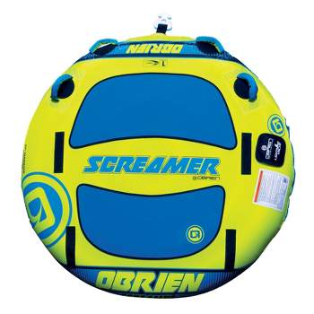 O'Brien Watersports Screamer 1 Person 60 Inch Round Towable Inflatable Water Sport Ride On Tube w/ Comfort Grips for Ocean or Lake, Blue & Yellow