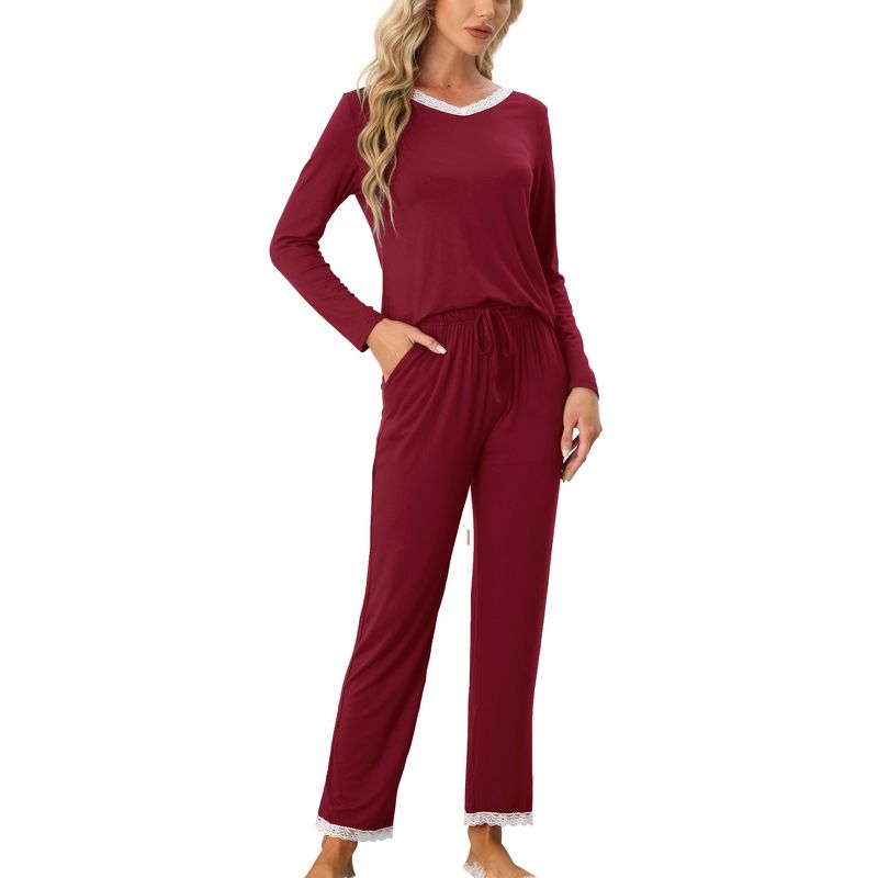 cheibear Womens Lounge Sets V Neck Lace Nightwear with Pants Loungewear Pajamas, 1 of 6