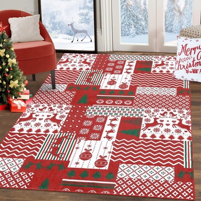 Christmas Area Rug for Living Room, Washable Non Slip Holiday Carpet, Soft Reindeer Snowflake Print, Large Bedroom Dining Playroom