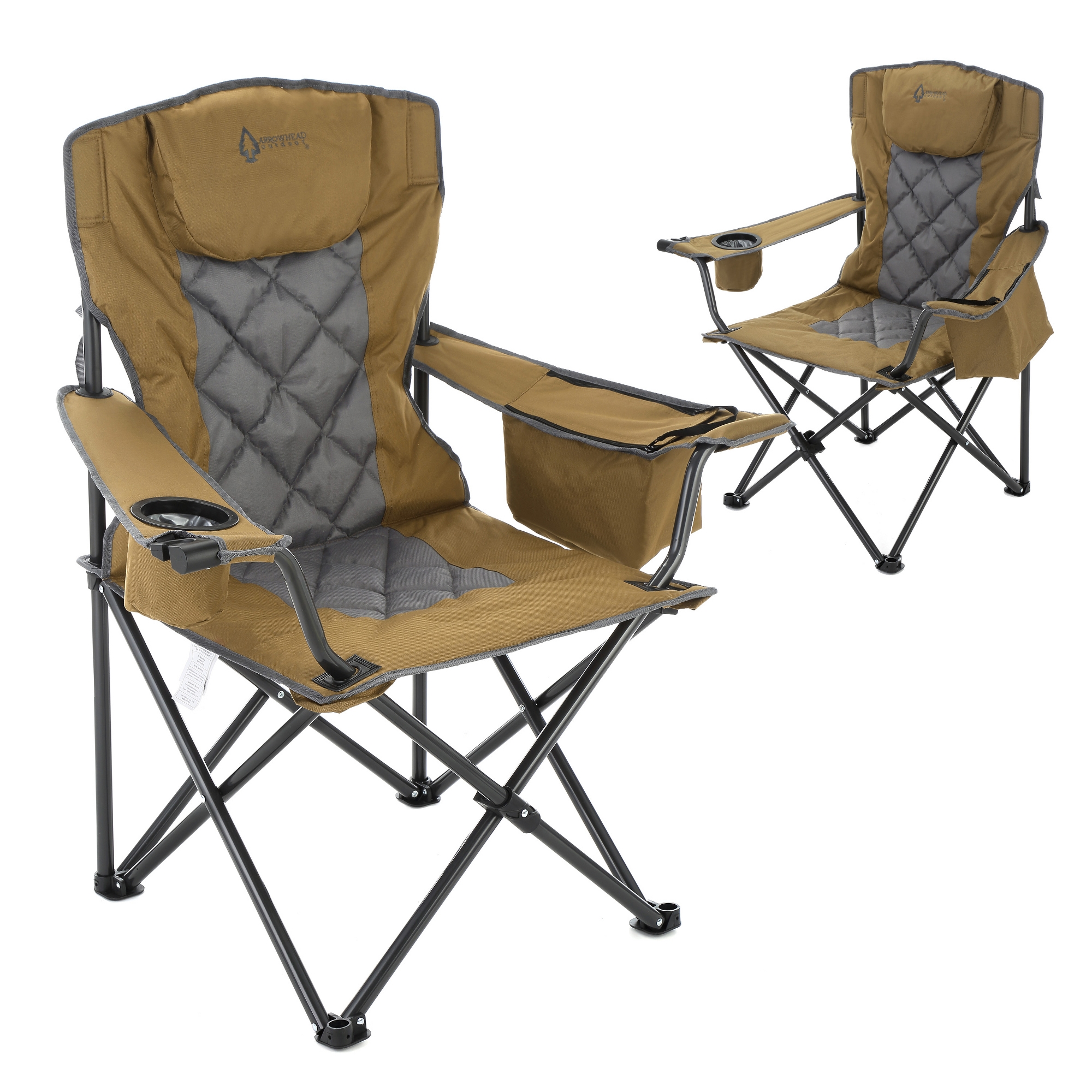 ARROWHEAD OUTDOOR 2-Pack Folding Camp Chair w/ Headrest, Cup & Wine Glass Holder, Armrest 6-can Cooler, Carry Bag, 550 lbs Capacity (Wrangler Brown)