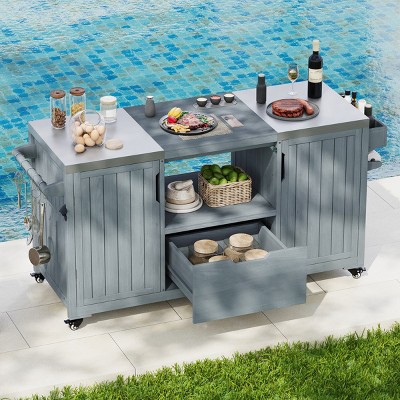 Coolbibila-66" Outdoor Kitchen Island For Big Green Egg Grills, Solid Wood Outdoor Grill Cart For Tabletop Grill With Stainless Steel Top
