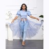 Clearlove Womens Mesh See Through Shirts Puff Sleeve Long Dresses Belt V Neck Button Down Flowy Ruffled Casual Club Party Outfit - 2 of 4