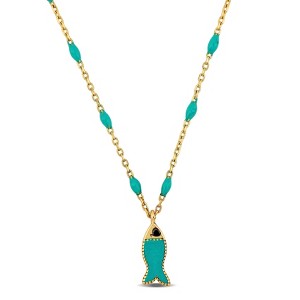 EVERLY JEWELRY | 14K Yellow Gold Green Enamel Fish Station Necklace - 18 inch - 1 of 4