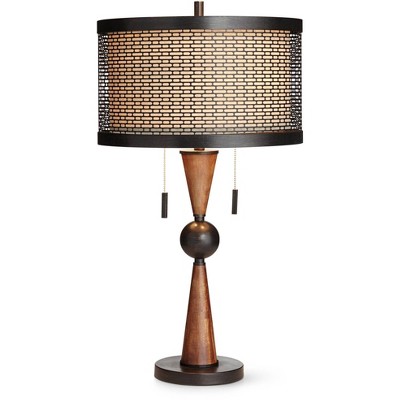 Franklin Iron Works Hunter Bronze and Cherry Wood Modern Table Lamp with USB Dimmer