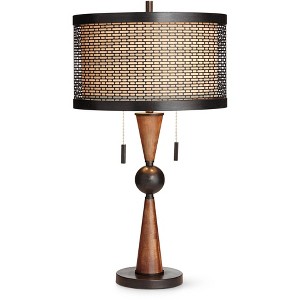 Franklin Iron Works Rustic Industrial Table Lamp with USB Charging Port 29.75" Tall Bronze Metal Cherry Wood Double Drum Shade Living Room - 1 of 4