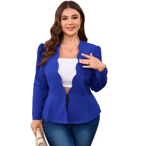 Plus Size Blazer for Women Business Casual Peplum Blazer Suit Jacket Long Sleeve Scallop Deep V-Neck Hook & Eye - 1 of 4