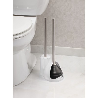 White Plastic Toilet Brush and Plunger Set with Stainless Steel Handles