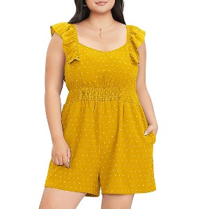 Women's Plus Size Swiss Dot Rompers Summer Sleeveless Short Jumpsuits with Pockets - 1 of 4