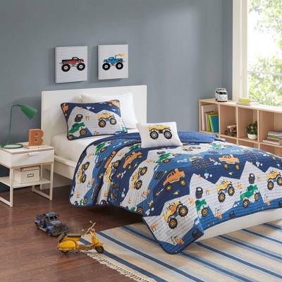 Blue Monster Truck Microfiber Reversible Twin Quilt Set
