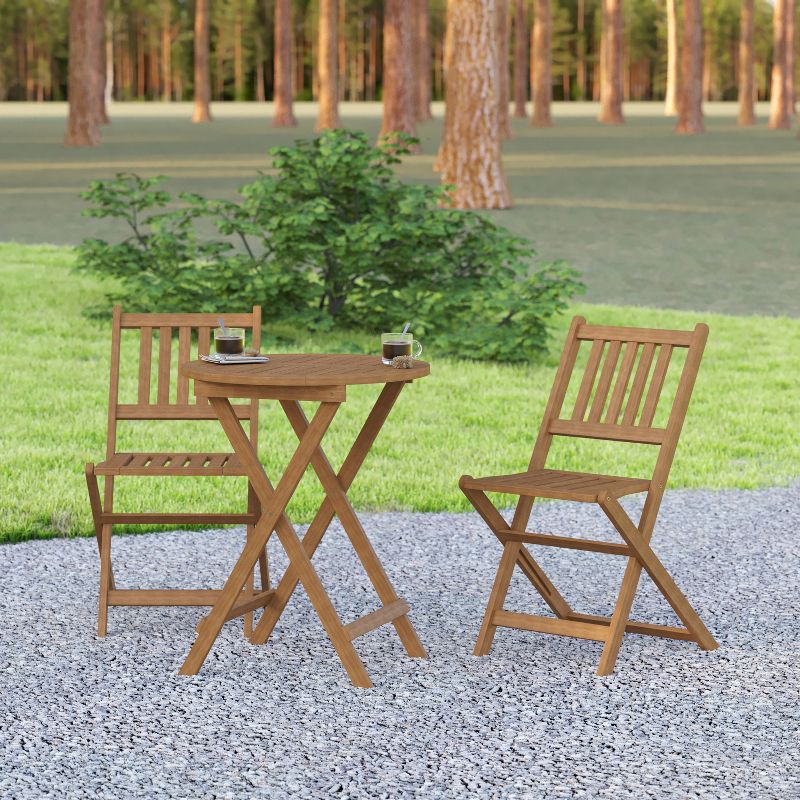 Emma and Oliver All-Weather Three Piece Solid Acacia Wood Patio Bistro Set with Two Folding Chairs and Table, 3 of 14
