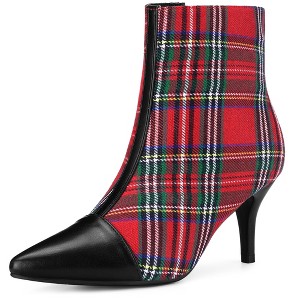 Allegra K Women's Plaid Pointed Toe Houndstooth Stiletto Heels Ankle Boots - 1 of 4