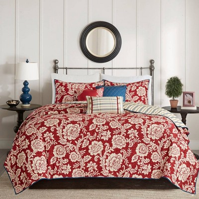 Red Cotton Twill Reversible Full Coverlet Set with Pillows