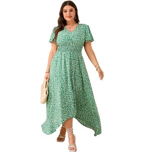 Women Plus Size Maxi Dress Short Sleeve Wrap V Neck Button Down High Low Split Ruffle Long Dress - 1 of 4