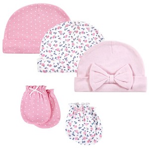 Hudson Baby Infant Girl Cotton Cap and Scratch Mitten Set, Blue Pink Floral, 0-6 Months - 1 of 4