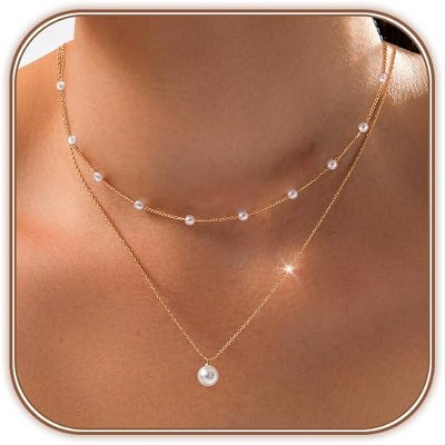 HTUTWOO Gold Pearl Necklaces for Women, 14K Gold Plated Dainty Layered Pearl,Cute Pearl Choker Gold Necklace Gifts for Women Gold Trendy Jewelry Gifts