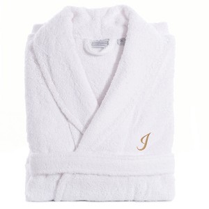 Linum Home Textiles 100% Turkish Cotton Unisex Personalized Terry Bathrobe White in Gold Script Font - 1 of 2