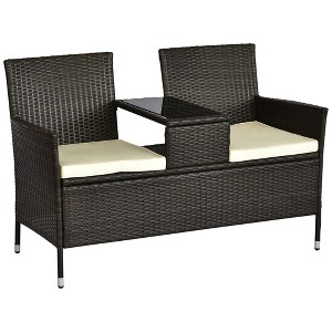 Outsunny Patio Wicker Conversation Furniture Set, Outdoor Garden Rattan 2-Seater Chair, Modern Loveseat w/ Cushions & Tempered Glass Top Coffee Table - 1 of 4
