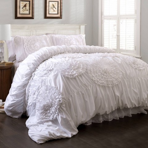 Lush Decor 3pc Queen Serena Comforter Set White - Lush Décor: Polyester Ruched Bedding, OEKO-TEX Certified