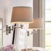Possini Euro Design Modern Swing Arm Wall Lamps Set of 2 Brushed Nickel Plug-In Light Fixture Natural Linen Drum Shade for Bedroom - 2 of 4