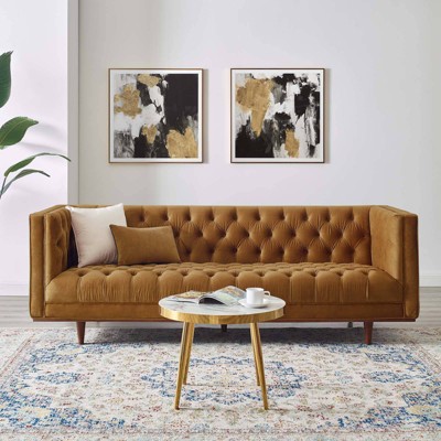 Cognac Tufted Faux Leather Sofa with Track Arm and Wood Frame