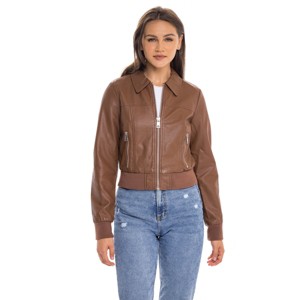 Women's Faux Leather Bomber Jacket - S.E.B. By SEBBY - 1 of 4