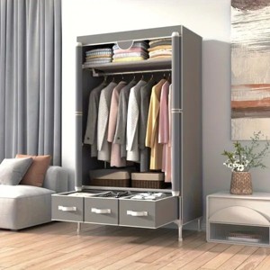 Portable Clothes Closet Rolling Door Wardrobe with Hanging Rack Non-Woven Storage Organizer w/ 3 Drawer Boxes No-Tool Assembly - 1 of 4