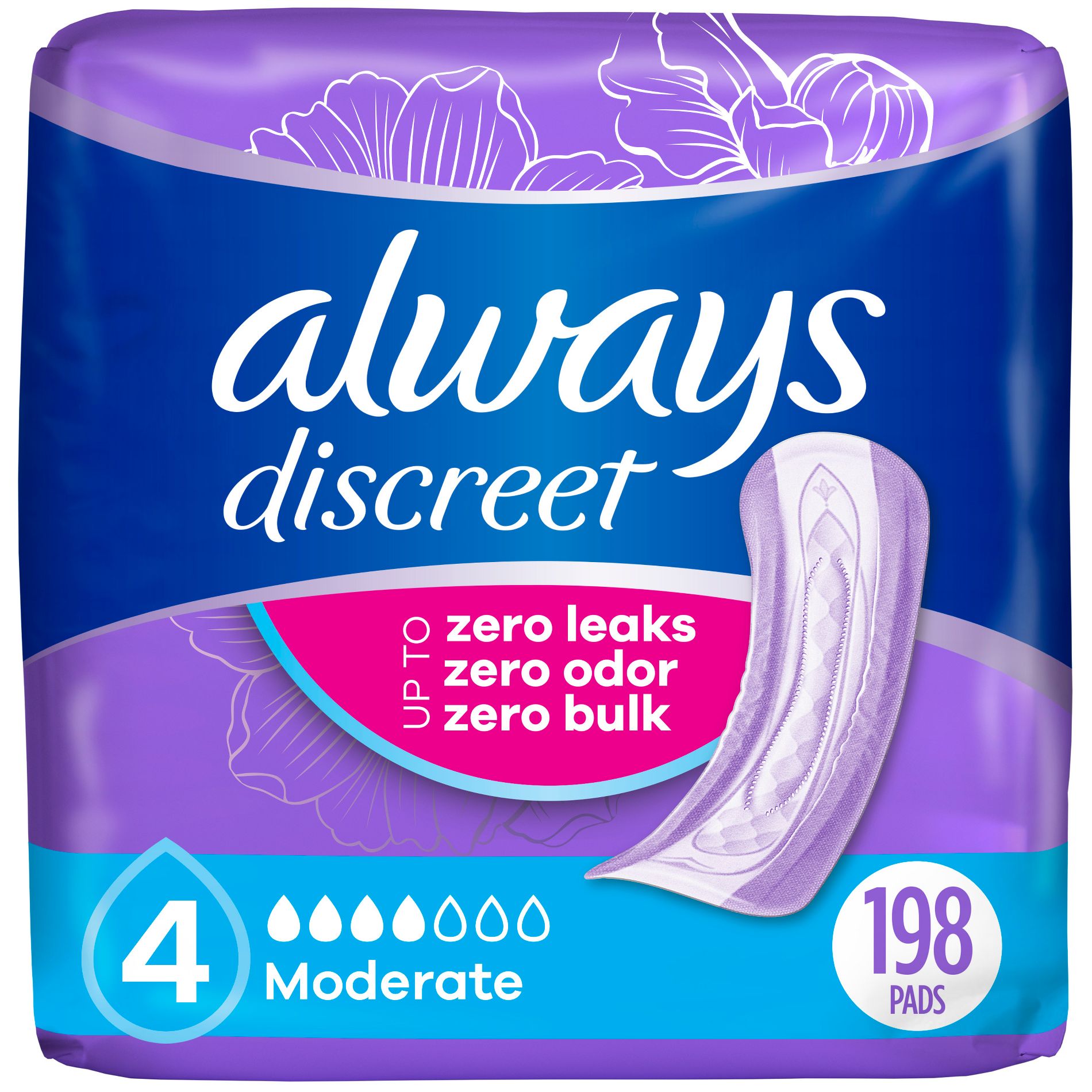 Always Discreet Incontinence & Postpartum Incontinence Pads for Women - Moderate Absorbency - Size 4