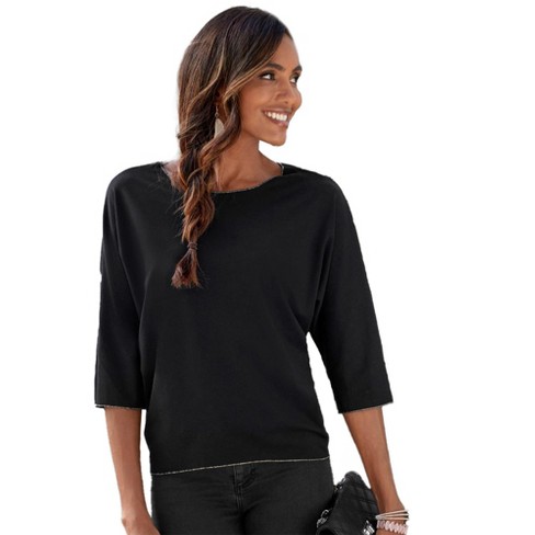 Linen 3/4 Sleeve Top - Black main image 1